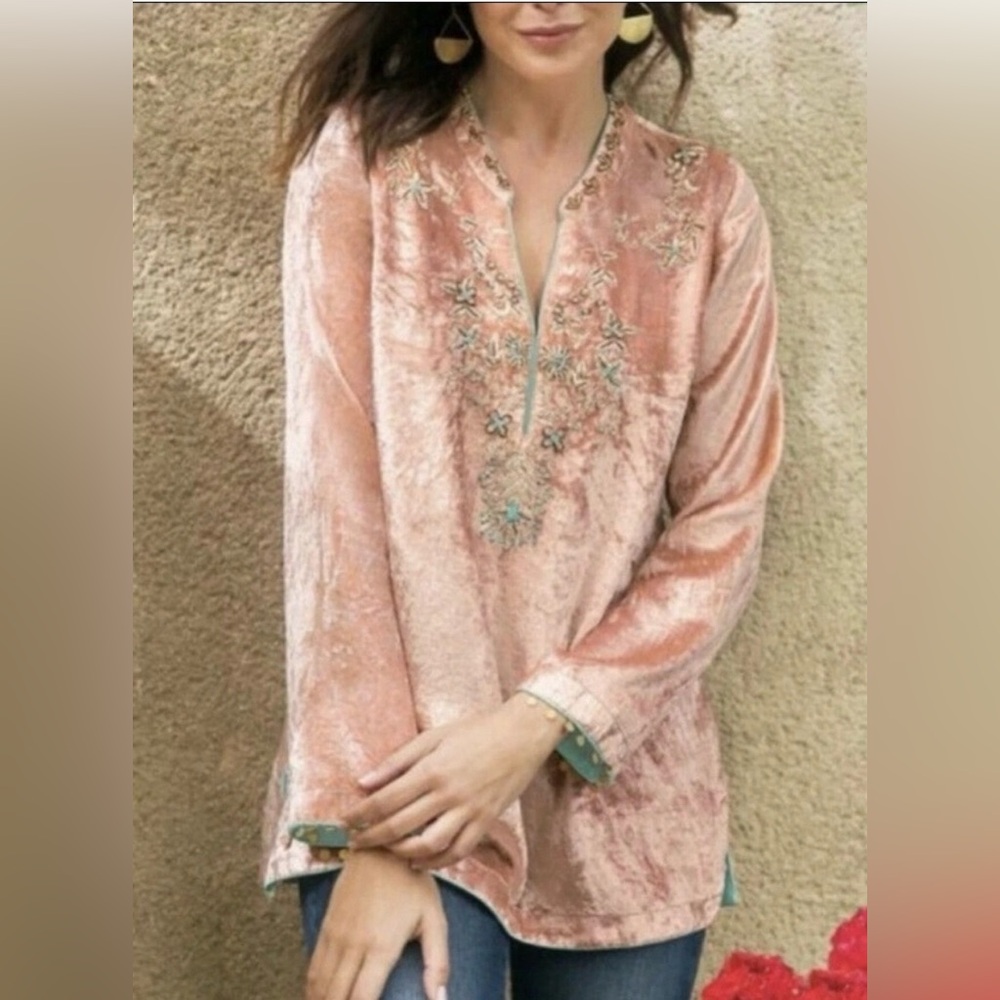 Soft Surroundings Crushed Velvet Moroccan Boho Beaded Embellished Tunic Blouse - Picture 1 of 16